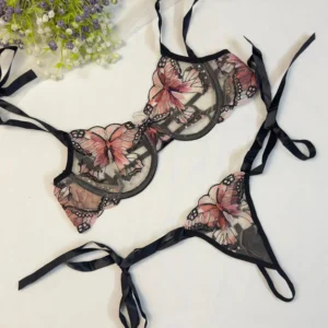 Coral Butterfly Bow Tie Net Bra Set