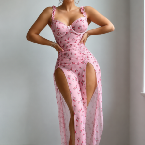 Mini Flower Print Honeymoon Long Slit Gown
